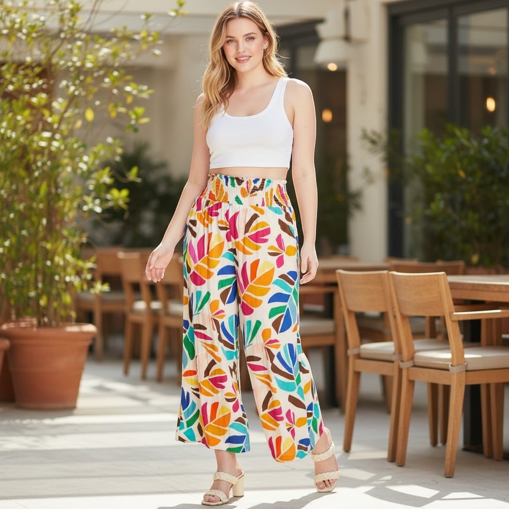 Tabitha Brown Target Botanical Print Smocked Wide Leg Pants Multi Color Small